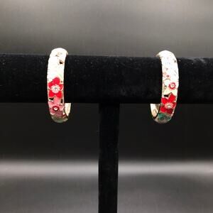 Vintage Jiu Long Xing Set of 2 Enamel Colorful Floral Bangle Bracelets CZ Stones